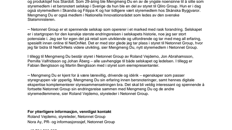 Netonnet Group forsterker styret med online-eksperten Mengmeng Du