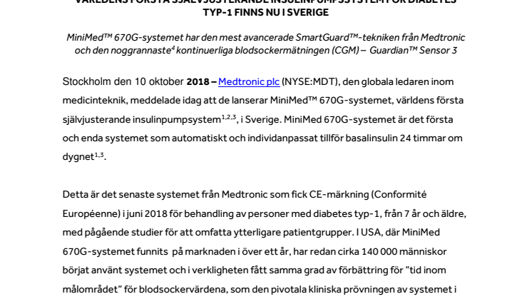 VÄRLDENS FÖRSTA SJÄLVJUSTERANDE INSULINPUMPSSYSTEM FÖR DIABETES TYP-1 FINNS NU I SVERIGE
