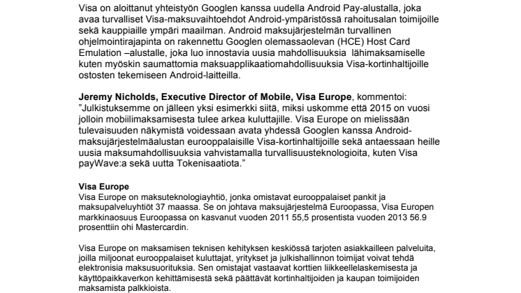 Visa tukee Android-maksuja