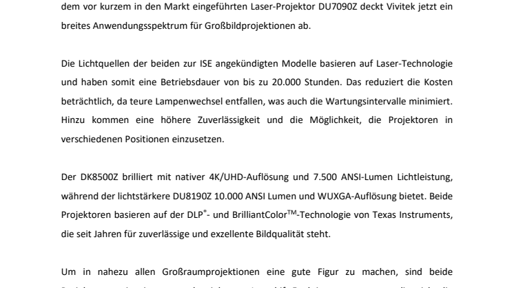 VIVITEK PRÄSENTIERT NEUE 4K UND WUXGA LASER-GROßRAUMPROJEKTOREN 