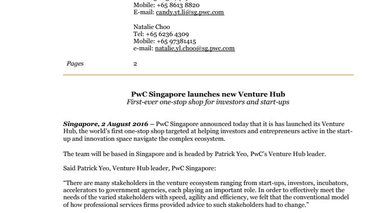 ​PwC Singapore launches new Venture Hub