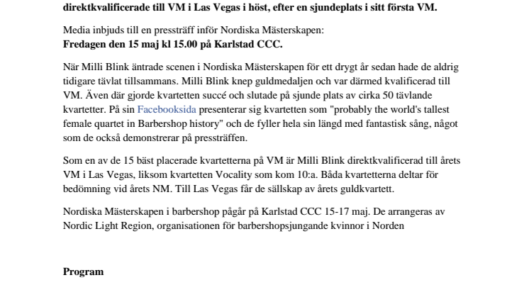 Pressinbjudan Nordiska Mästerskapen i barbershop: möt kvartetten som gick upp i världstoppen på ett Milli Blink!