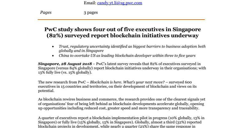 PwC study shows four out of five executives in Singapore (82%) surveyed report blockchain initiatives underway 