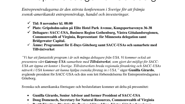 Inbjudan till pressmöte vid Entreprenörsdagarna i Göteborg