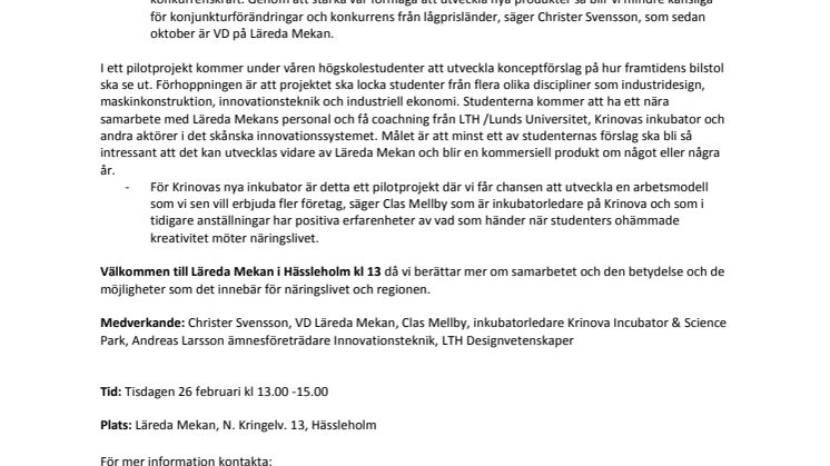 Pressinbjudan: Krinova och LTH viktiga kuggar när Läreda Mekan utvecklar framtidens bilstol