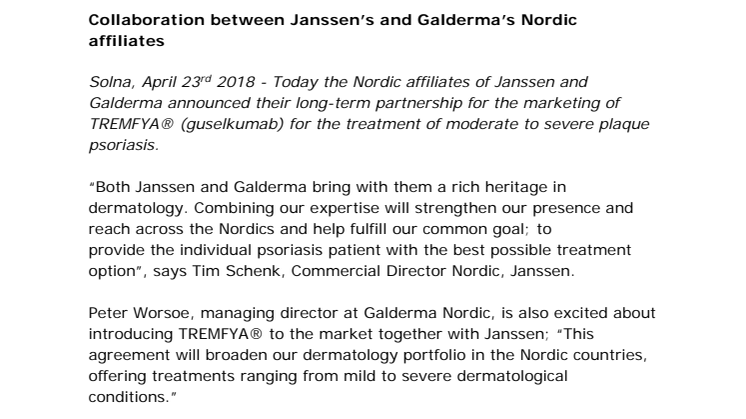 Samarbete mellan Janssens och Galdermas nordiska marknadsbolag