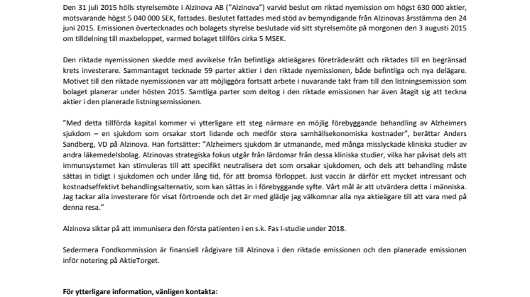 Alzinova finansierat för nästa utvecklingssteg och inför notering på AktieTorget
