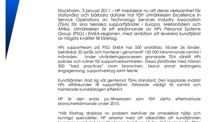 Technology Services Industry Association belönar HPs supporttjänster