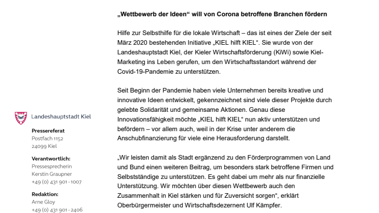 Pressemitteilung: Kiels Oberbürgermeister ruft zum Wettbewerb der Ideen auf