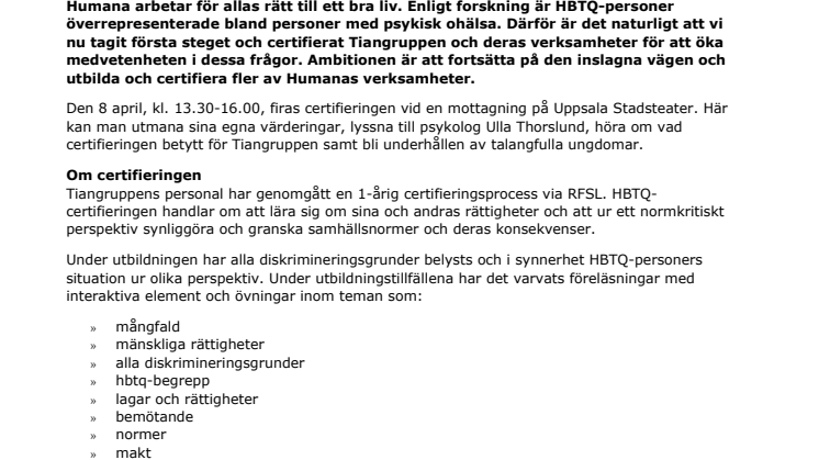 Humana firar Tiangruppens HBTQ-certifiering