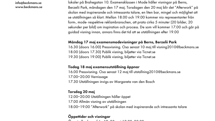 BECKMANS DESIGNHÖGSKOLAS EXAMENSUTSTÄLLNING 2010