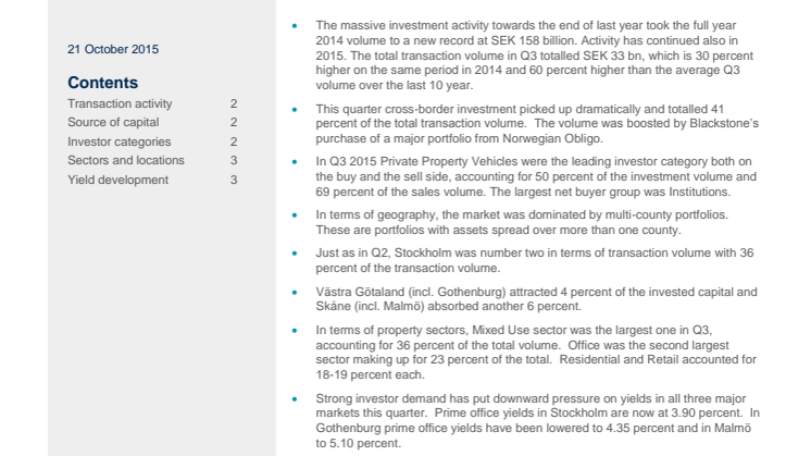 Cushman & Wakefield Investment Market Update Sweden Q3 2015