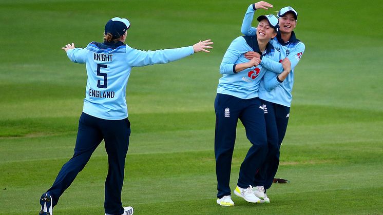 Fran Wilson mobbed after a spectacular catch in 2019. Photo: Getty Images