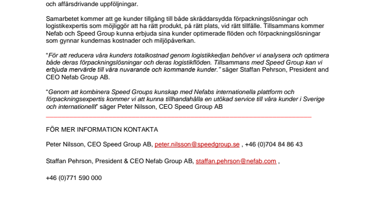 Speed Group och Nefab ingår samarbete 