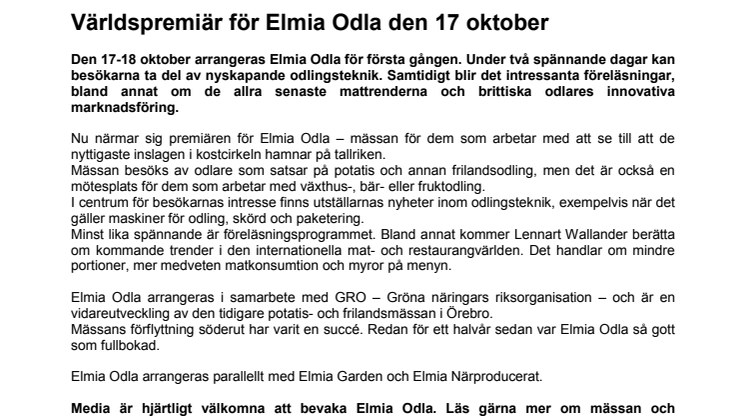 Världspremiär för Elmia Odla den 17 oktober