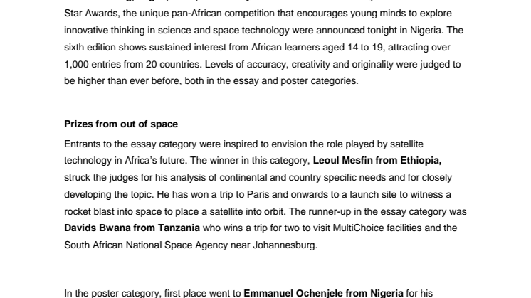 Students from Ethiopia and Nigeria score big at 6th edition of DStv Eutelsat Star Awards organised by Eutelsat and MultiChoice Africa