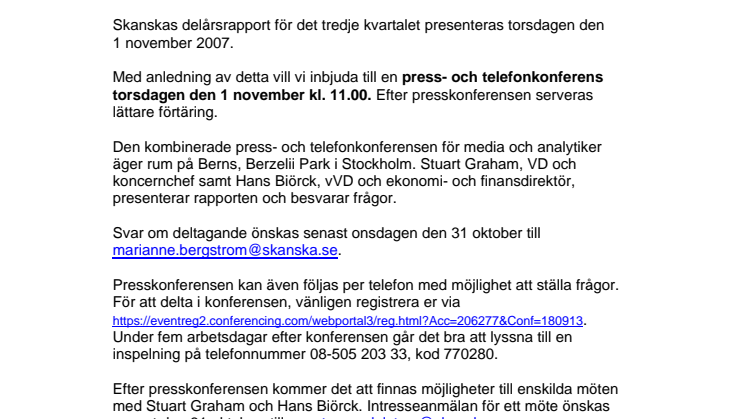 Inbjudan till press- och telefonkonferens i samband med Skanskas bokslutskommuniké den 1 november