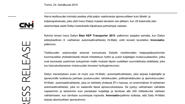 Iveco Dailylle Best KEP Transporter 2015 -palkinto ja Daily Hi-Maticille Innovaatio-palkinto Saksassa