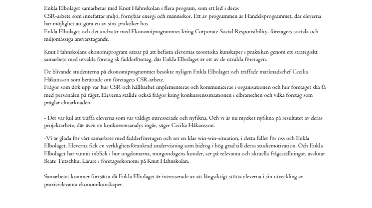 Pressmeddelande Samarbetet mellan Knut Hahn gymnasieskola och Enkla Elbolaget
