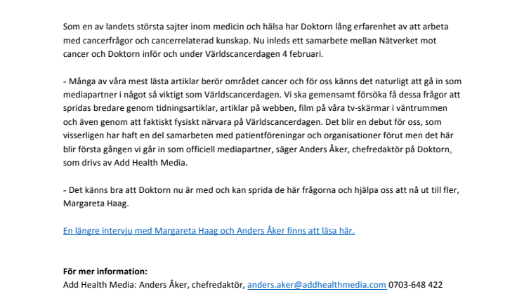 Nätverket mot cancer och Doktorn inleder samarbete inför Världscancerdagen 4 februari