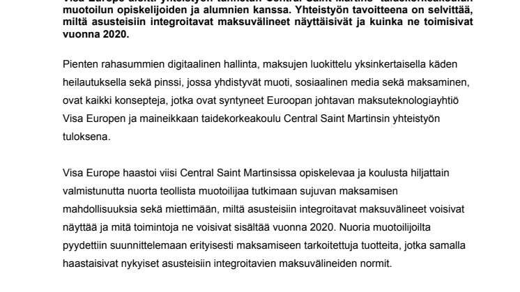 Visa Europe ja taidekorkeakoulu Central Saint Martins suunnittelevat yhdessä asusteisiin integroitavan maksamisen tulevaisuutta