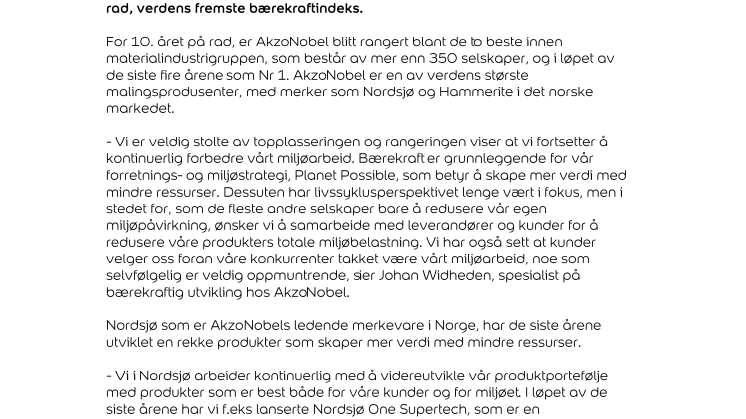AkzoNobel på topp i bærekraftindeksen Dow Jones fjerde året på rad