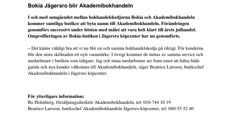 Bokia Jägersro blir Akademibokhandeln 