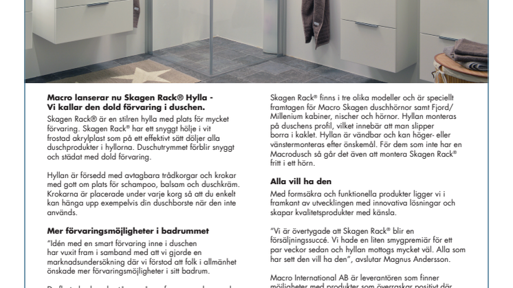 Macro lanserar nu Skagen Rack® Hylla - Vi kallar den dold förvaring i duschen