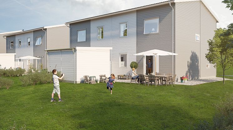 Illustration av trädgårdssida på ett av de nya parhusen i BoKlok Sagostunden. 