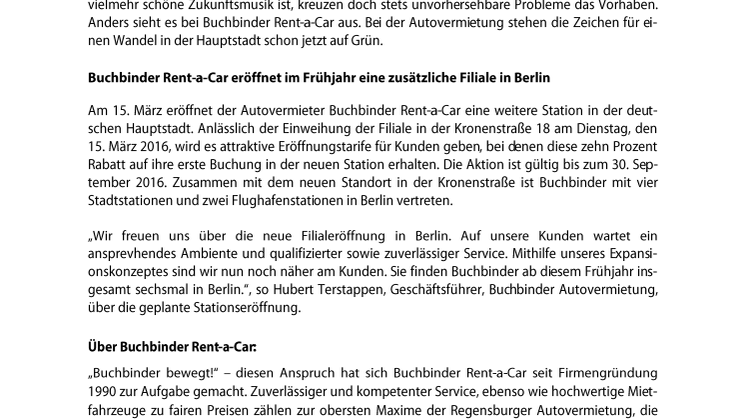 Buchbinder Rent-a-Car eröffnet eine neue Filiale in Berlin –  jetzt insgesamt sechsmal vertreten