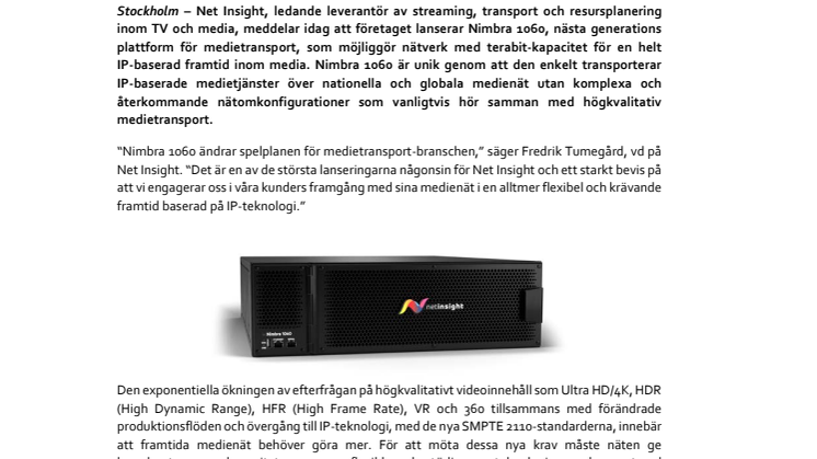 Net Insight lanserar nästa generations Nimbra-plattform  för medietransport