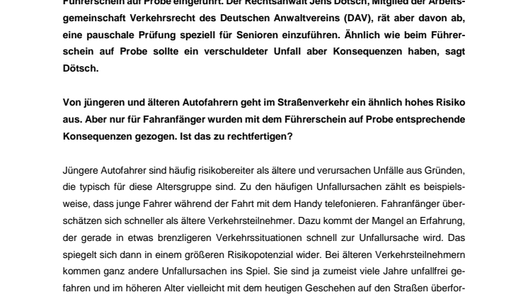 Interview mit dem Verkehrsanwalt Jens Dötsch:  „Ältere Autofahrer nicht pauschal als Risikogruppe abstempeln“