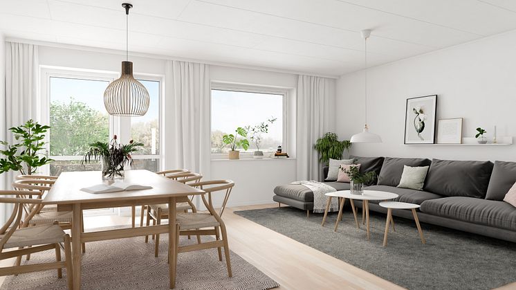 Brf Skogshem - 3D-bild av matrum och vardagsrum