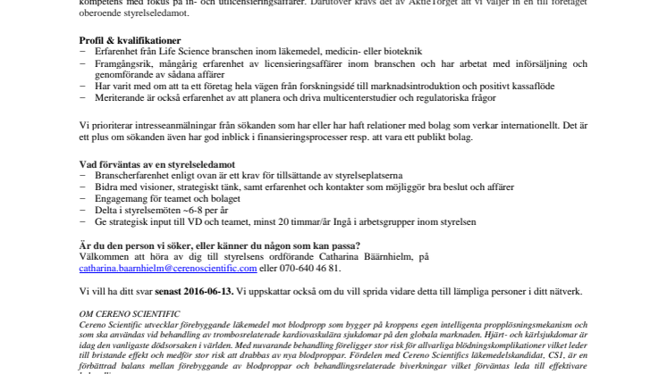 Cereno Scientific AB söker styrelseledamot