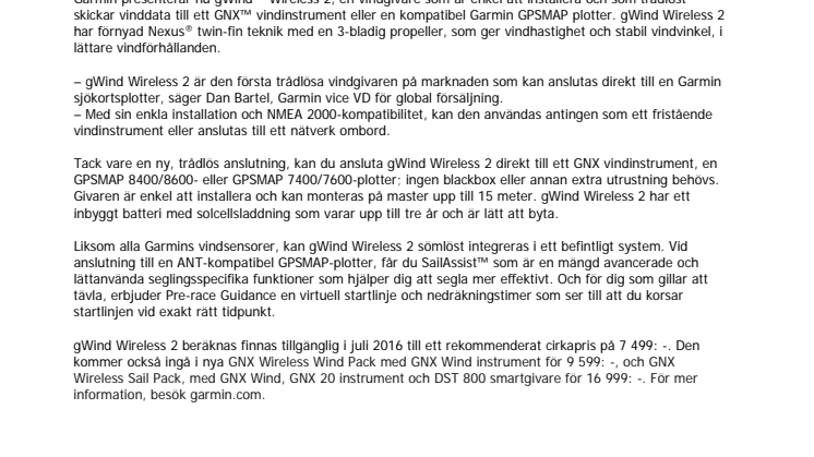 Garmin® gWind™ Wireless 2  Trådlös vindgivare för segelbåtar