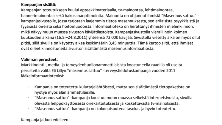 ”Masennus sattuu” -kampanja vuoden lääkeinformaatioteko