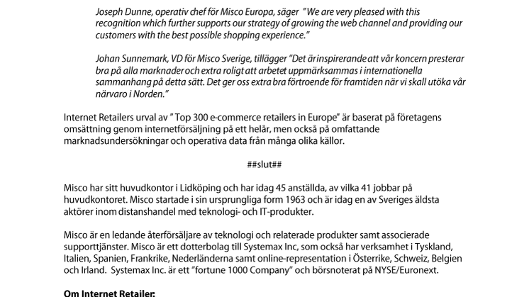 Misco tar topp-placering bland Europas 300 största e-handlare