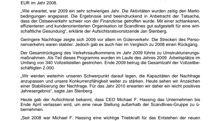 Scandlines: Eindrucksvolle Ergebnisse in einem schwierigen Jahr 2009