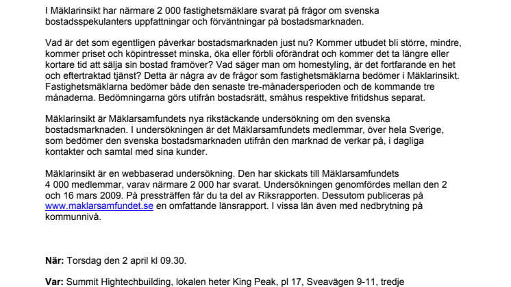 Pressinbjudan: Mäklarinsikt - Sveriges största rikstäckande undersökning om bostadsmarknaden