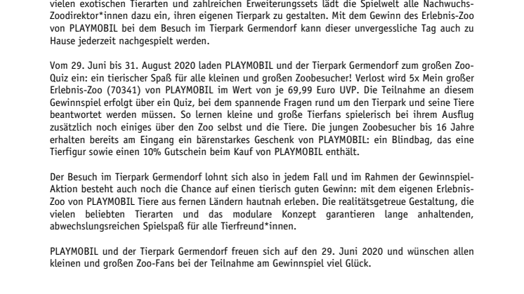 Tierischer Spaß im Sommer: PLAYMOBIL und der Tierpark Germendorf laden zum großen Zoo-Quiz ein