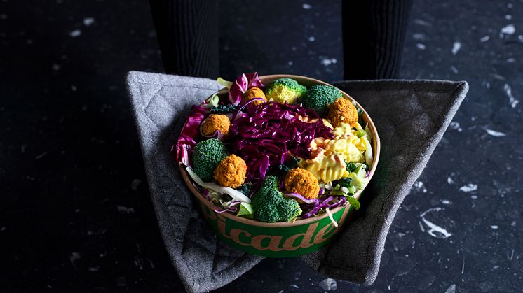 Höstens mattrend är den varma salladen. I denna varma sallad samsas grönkål, krämig currypasta, rödkål, äpple och sötpotatisbollar.