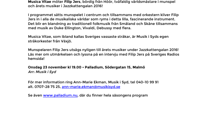 Musica Vitae möter Filip Jers på Palladium Malmö 23 november