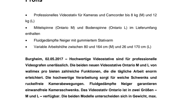 walimex pro Ontario – die neuen Videostative für Profis 