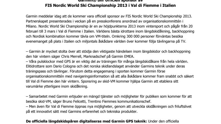 Garmin® blir officiell sponsor av FIS Nordic World Ski Championship 2013 i Val di Fiemme i Italien