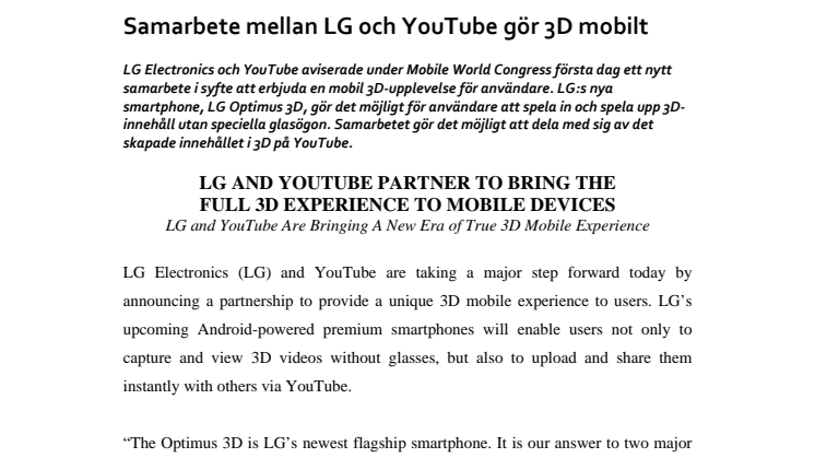 Samarbete mellan LG och YouTube gör 3D mobilt