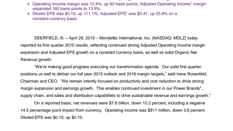Mondelez International Reports Q1 Results and Reaffirms 2015 Outlook