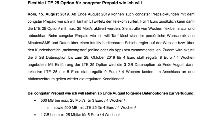 Neu ab Ende August: congstar Prepaid erstmals mit LTE 25 buchbar 
