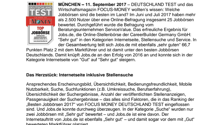 FOCUS DEUTSCHLAND TEST „Beste Jobbörsen“:  Jobs.de ist „Top Jobbörse“ – „Sehr gut“ in allen Kategorien 