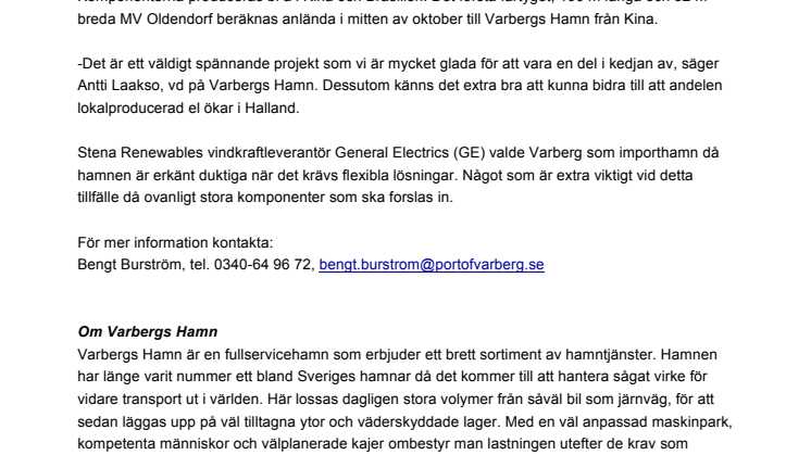 21 vindkraftverk - ny stororder för Varbergs Hamn
