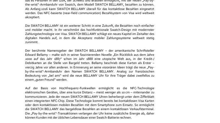 Swatch und Visa ermöglichen kontaktloses Bezahlen 